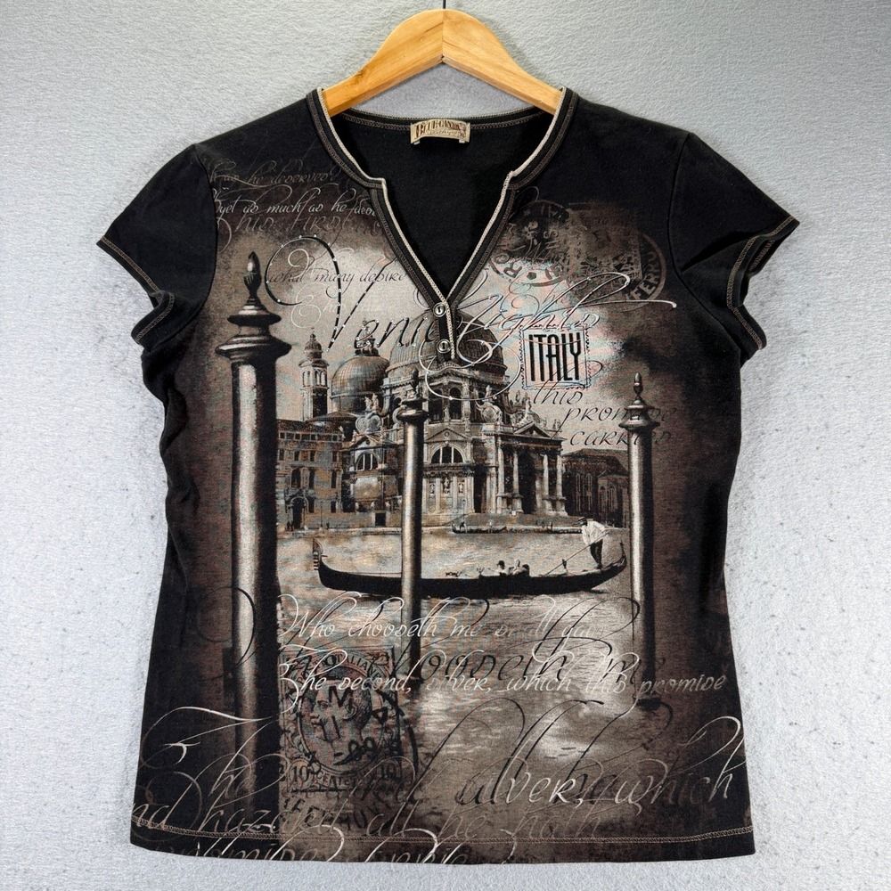 Vintage Blue Canyon Clothing Italy Print T-Shirt Womens XL Top Made in‎ USA